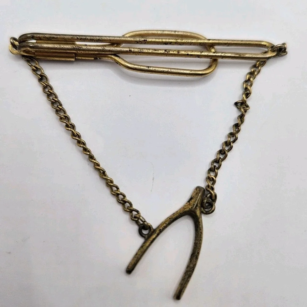 Vintage Swank Lucky Wishbone Tie Chain Bar Clasp Gold Tone Retro Mens Accessory